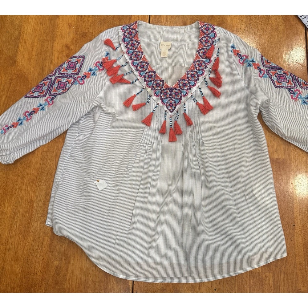 Chico's Blue White Pinstripe Embroidered Tassel Tunic Blouse Size 2 L 12-14